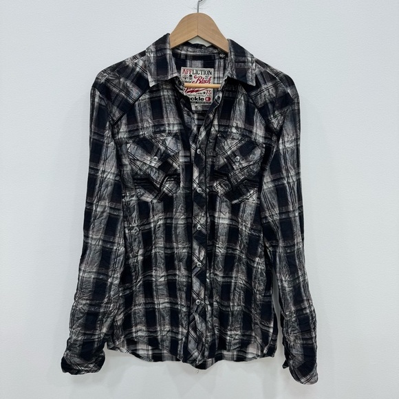 Affliction Mens Medium Athletic White Grey Long Sleeve Snap Button Shirt - Picture 1 of 6